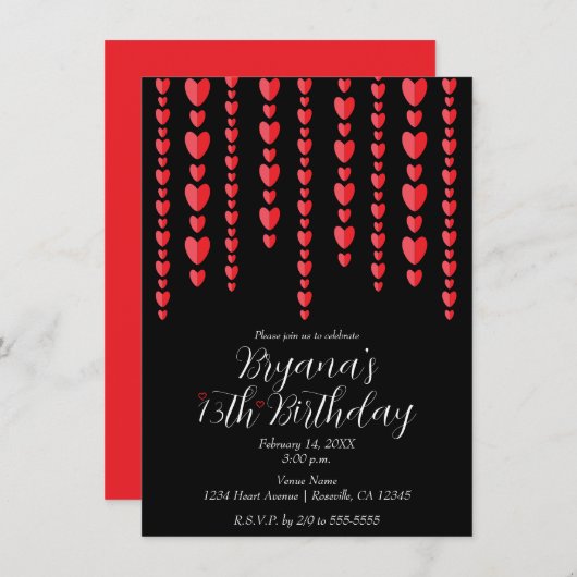 Valentijn Red Hearts Februari Zwart Verjaardagsfee Kaart (Voorkant / Achterkant)