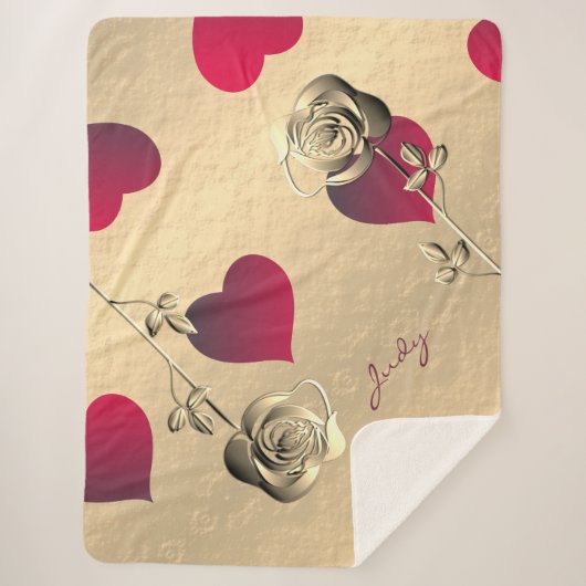 Valentijn Red Hearts Roos Gold Sherpa Blanket Sherpa Deken (Voorkant)