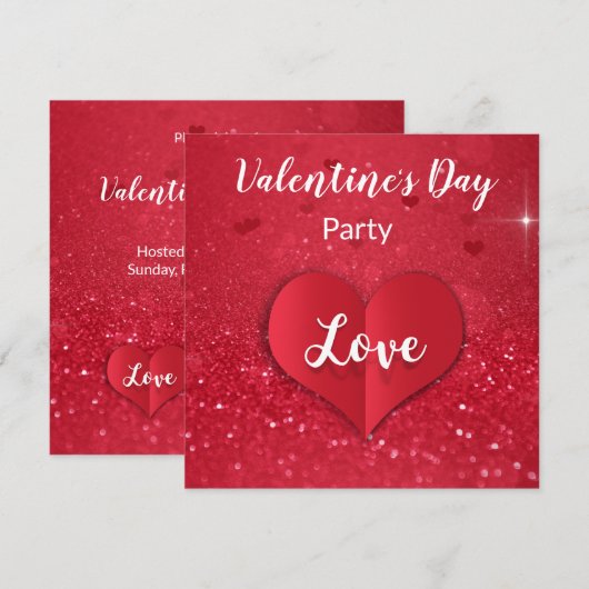Valentijn Red Paper Heart Glitter Party Invitation Kaart (Voorkant / Achterkant)