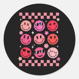 Valentijn Retro Groovy Roze Gelukkig Gezicht Ronde Sticker