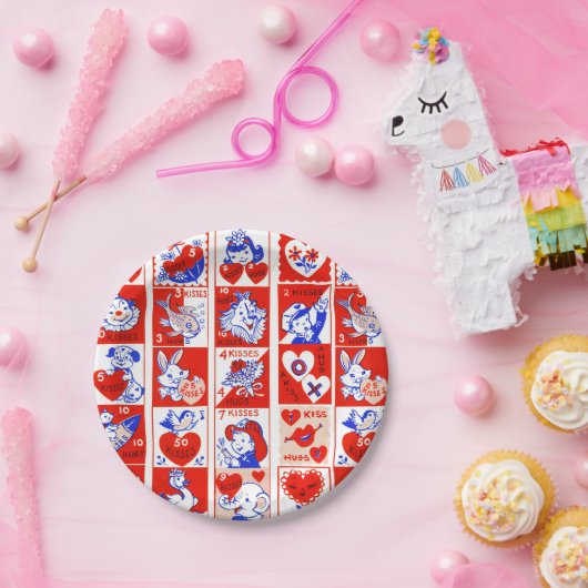 Valentijn Retro Liefde Knuffels Schattige Patroon Papieren Bordje (Feest)