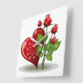 VALENTIJN RODE HART EN RODE ROSEN VIERKANTE KLOK (Hoek)