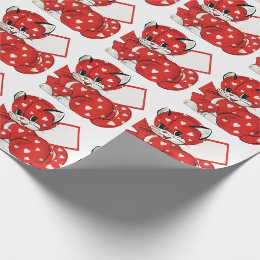  Valentijn Rode Kat Witte Harten Retro Liefde Cadeaupapier (Hoek)