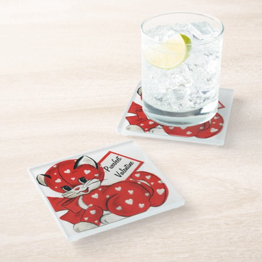  Valentijn Rode Kat Witte Harten Retro Liefde Glazen Onderzetter (Schuin)