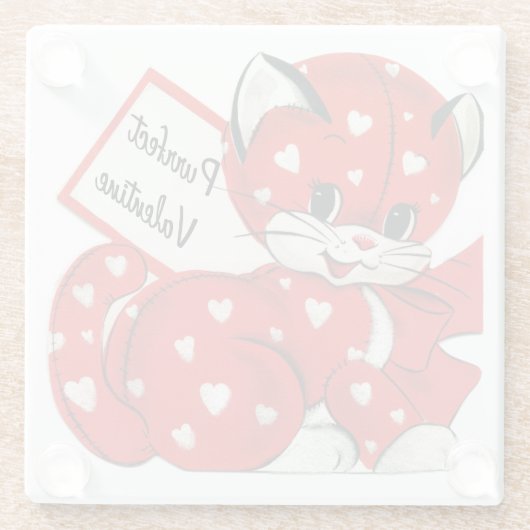  Valentijn Rode Kat Witte Harten Retro Liefde Glazen Onderzetter (Achterkant)