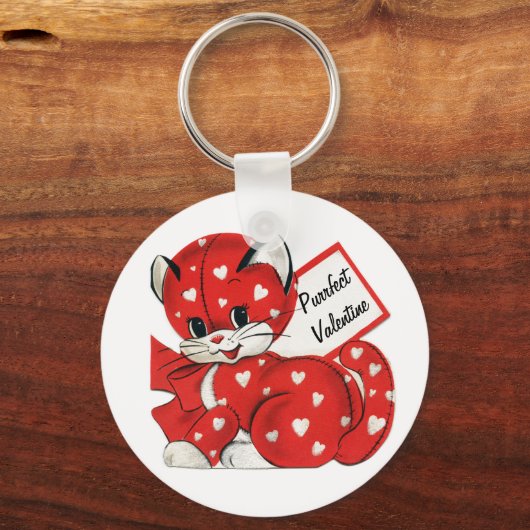  Valentijn Rode Kat Witte Harten Retro Liefde Sleutelhanger (Voorkant)