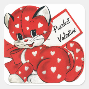  Valentijn Rode Kat Witte Harten Retro Liefde Vierkante Sticker