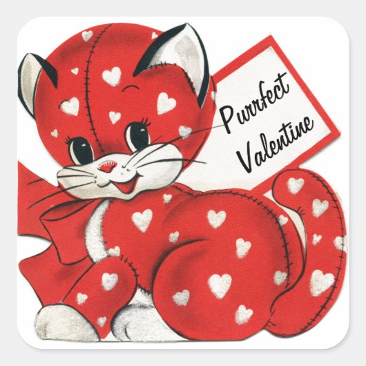  Valentijn Rode Kat Witte Harten Retro Liefde Vierkante Sticker (Voorkant)