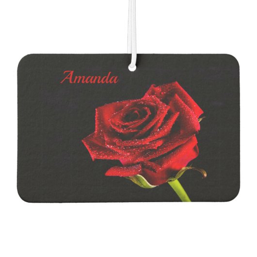 Valentijn rode roos met waterdruppels en naam luchtverfrisser (Voorkant)