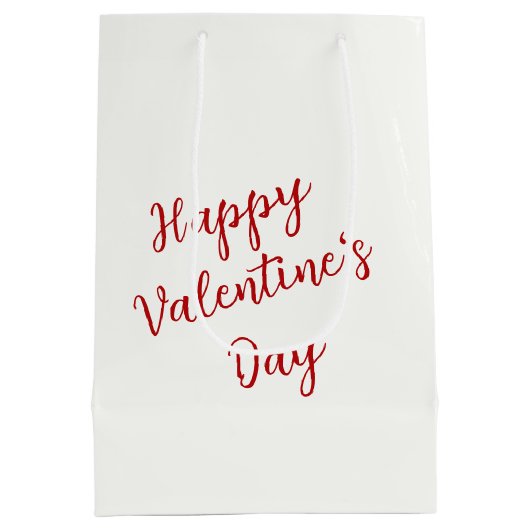 Valentijn rode roos op wit satijn medium cadeauzakje (Achterkant)