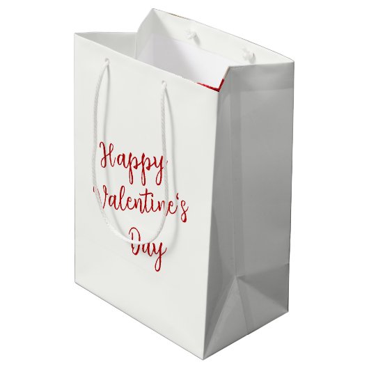 Valentijn rode roos op wit satijn medium cadeauzakje (Achterkant Gekanteld)