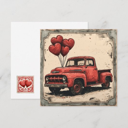 Valentijn Rode Vrachtwagen:  Harten Feestdagenkaart (Voorkant / Achterkant)