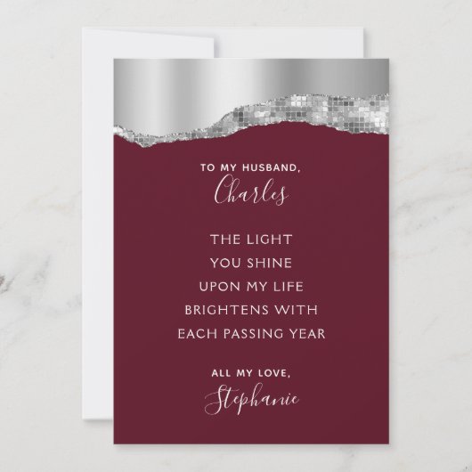 Valentijn Romantic Poem Burgundy Silver Metallic Feestdagenkaart (Voorkant)