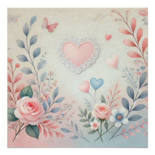 Valentijn Romantisch Hart Bloemen Pastel waterverf Perfect Poster