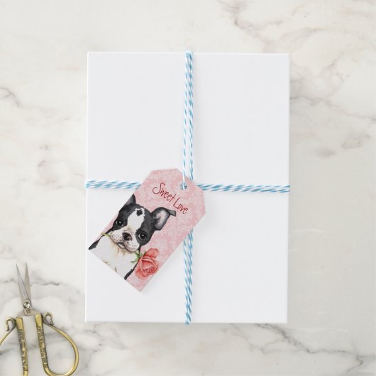 Valentijn Roos Boston Terrier Cadeaulabel (Met Touw)