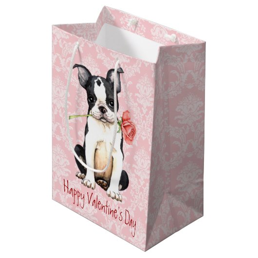 Valentijn Roos Boston Terrier Medium Cadeauzakje (Voorkant Gekanteld)
