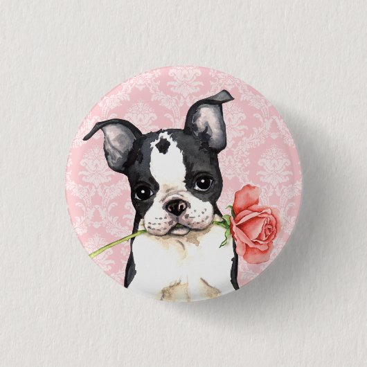 Valentijn Roos Boston Terrier Ronde Button 3,2 Cm (Voorkant)