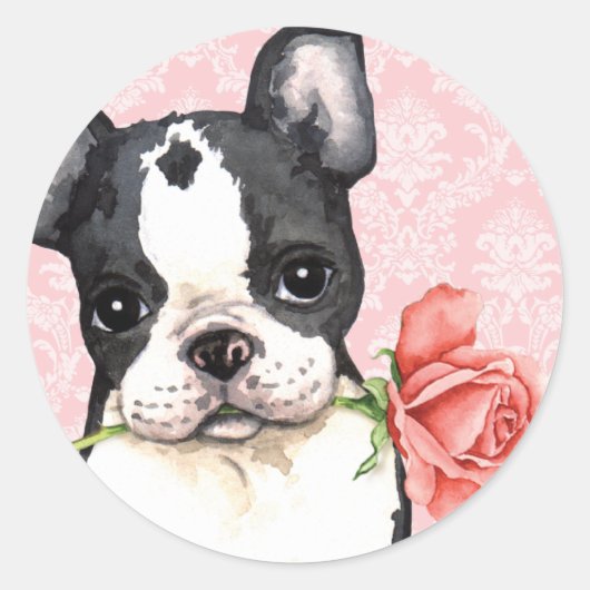 Valentijn Roos Boston Terrier Ronde Sticker (Voorkant)