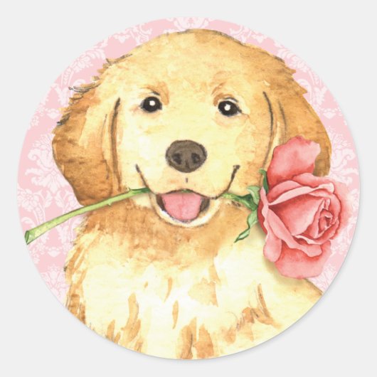 Valentijn Roos Golden Retriever Ronde Sticker (Voorkant)