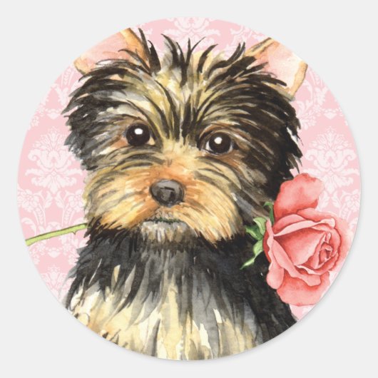 Valentijn Roos Yorkie Ronde Sticker (Voorkant)