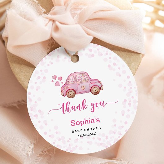 Valentijn Roze Auto Baby shower Bedankjes Labels