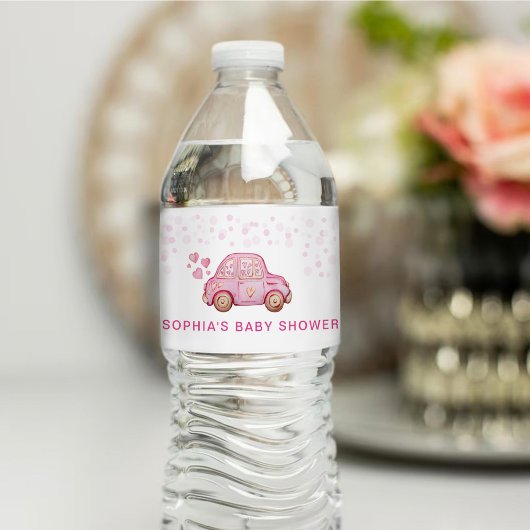 Valentijn Roze Auto Baby shower Waterfles Etiket