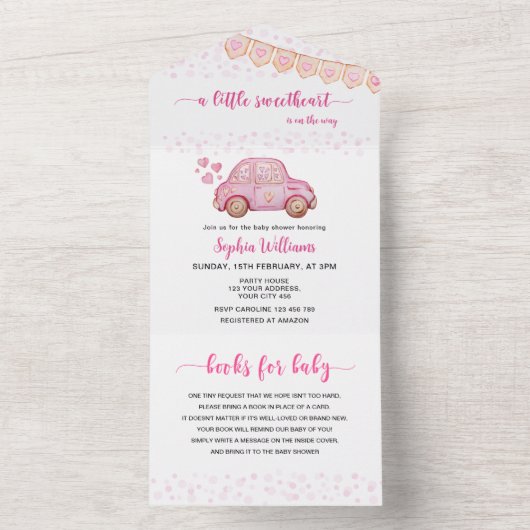 Valentijn Roze Auto Sweetheart Baby All In One Uitnodiging (Binnen)