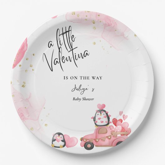 Valentijn roze baby meisje douche papieren bordje (Voorkant)