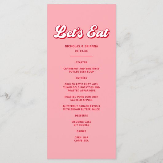 Valentijn roze en rode bruiloft menu (Voorkant)