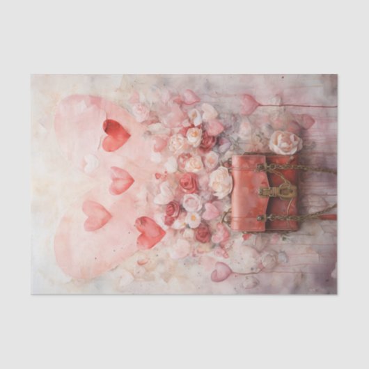 Valentijn roze en rode harten en Rozen Tissuepapier (Voorkant)