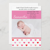 Valentijn roze en rode harten Fotogeboorte Aankondiging (Voorkant / Achterkant)