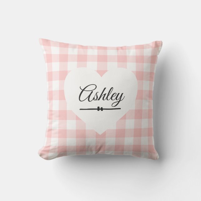 Valentijn Roze Gingham White Heart Monogram Naam Kussen (Voorkant)