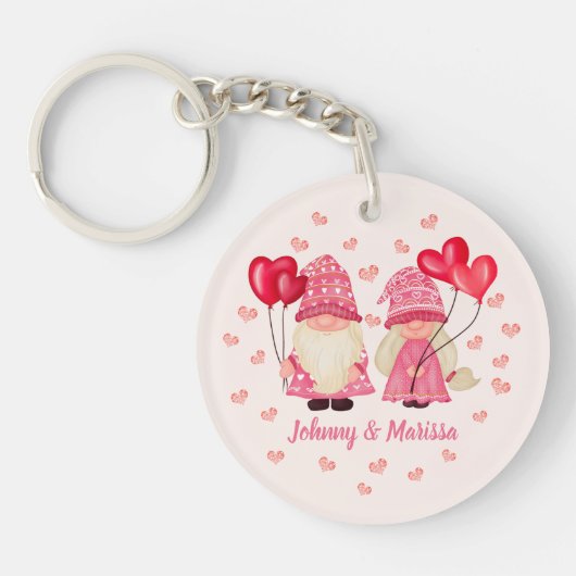 Valentijn Roze Gnome Red Hearts Couple Names Sleutelhanger (Voorkant)