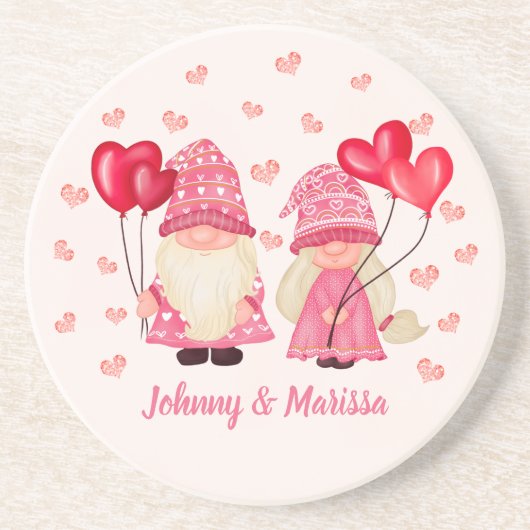 Valentijn Roze Gnome Red Hearts Couple Names Zandsteen Onderzetter (Voorkant)
