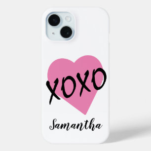 Valentijn Roze Hart Zwart XOXO Eenvoudig Schattige iPhone 15 Case