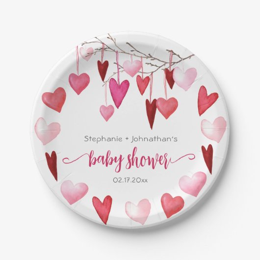 Valentijn roze harten Baby shower Papieren Bordje (Voorkant)