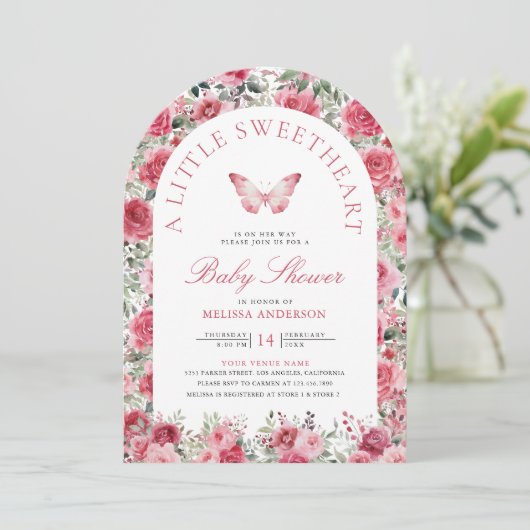 Valentijn Roze Rode Rose Vlinder Meisje Baby showe Kaart (Staand voorkant)