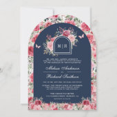 Valentijn Roze Rode Rozen Vlinder Navy Wedding Kaart (Voorkant)