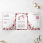 Valentijn Roze Rode Rozen Vlinderbruiloft Drieluik Uitnodiging (Binnen)