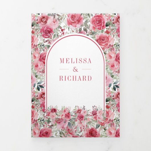 Valentijn Roze Rode Rozen Vlinderbruiloft Drieluik Uitnodiging (Cover)