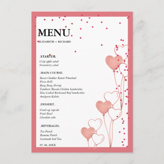 Valentijn Roze & Rood Hart bruiloft Vrijgezellenfe Menu (Voorkant)