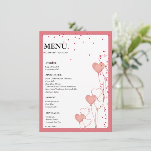 Valentijn Roze & Rood Hart bruiloft Vrijgezellenfe Menu (Staand voorkant)