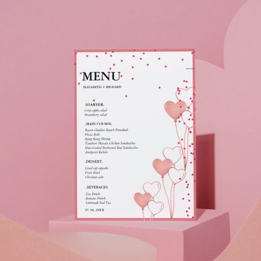 Valentijn Roze & Rood Hart bruiloft Vrijgezellenfe Menu