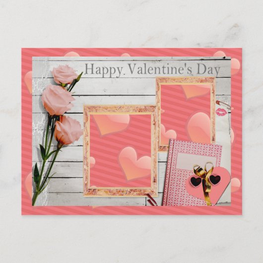 Valentijn, roze rozen, hart voeg je foto's toe feestdagenkaart (Voorkant)