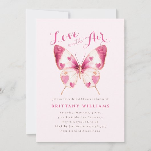 Valentijn Roze Vlinder Bruids Douche Uitnodiging (Voorkant)