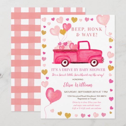 Valentijn Roze vrachtwagen op Baby shower Kaart (Voorkant / Achterkant)