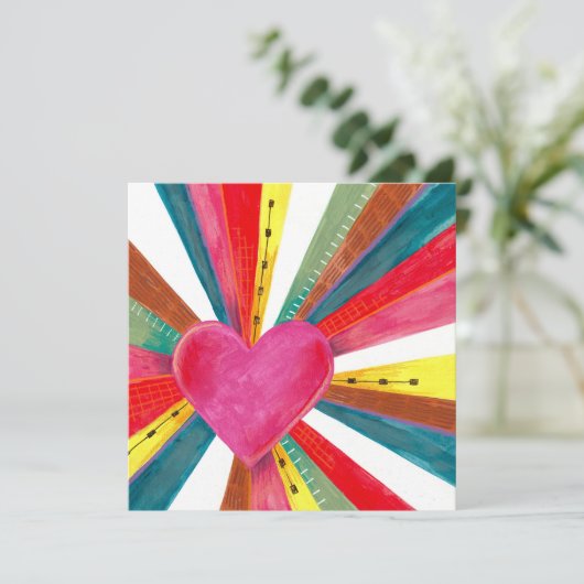 Valentijn roze zon zonneschijn regenboogretro hart feestdagenkaart (Staand voorkant)