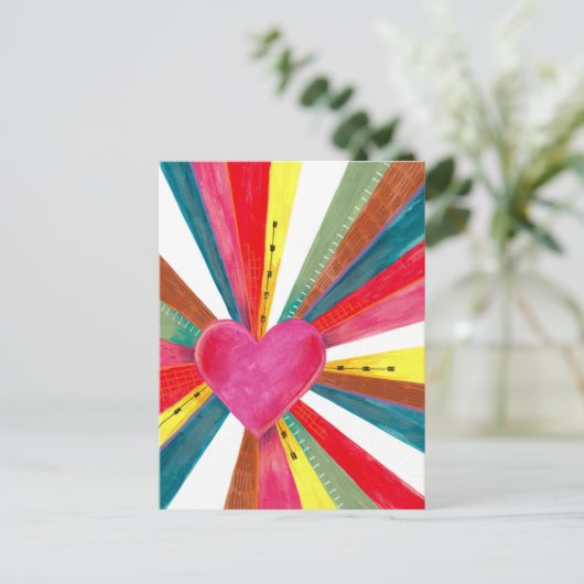 Valentijn roze zon zonneschijn regenboogretro hart feestdagenkaart (Staand voorkant)