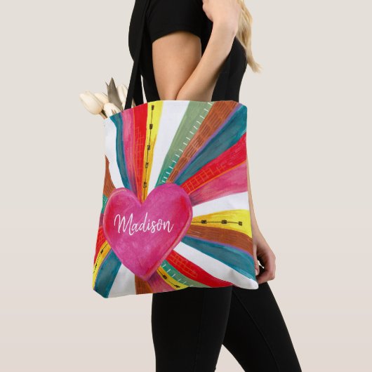 Valentijn roze zonnezon regenboogretro hart tote bag (Dichtbij)