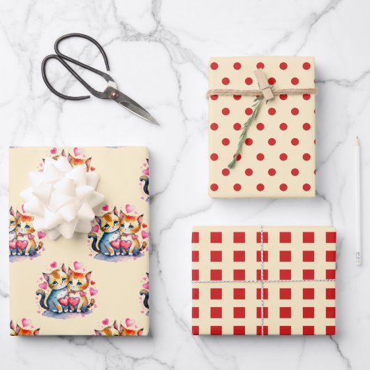 Valentijn schattige katten stippen vierkant patroo inpakpapier vel (Voorkant)